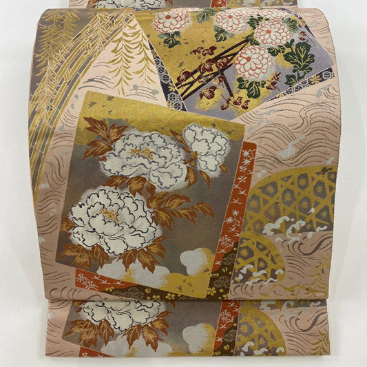 袋帶 秀品級 琳派柳橋色紙散佈 金絲 金金箔 粉紅 六通 純蠶絲