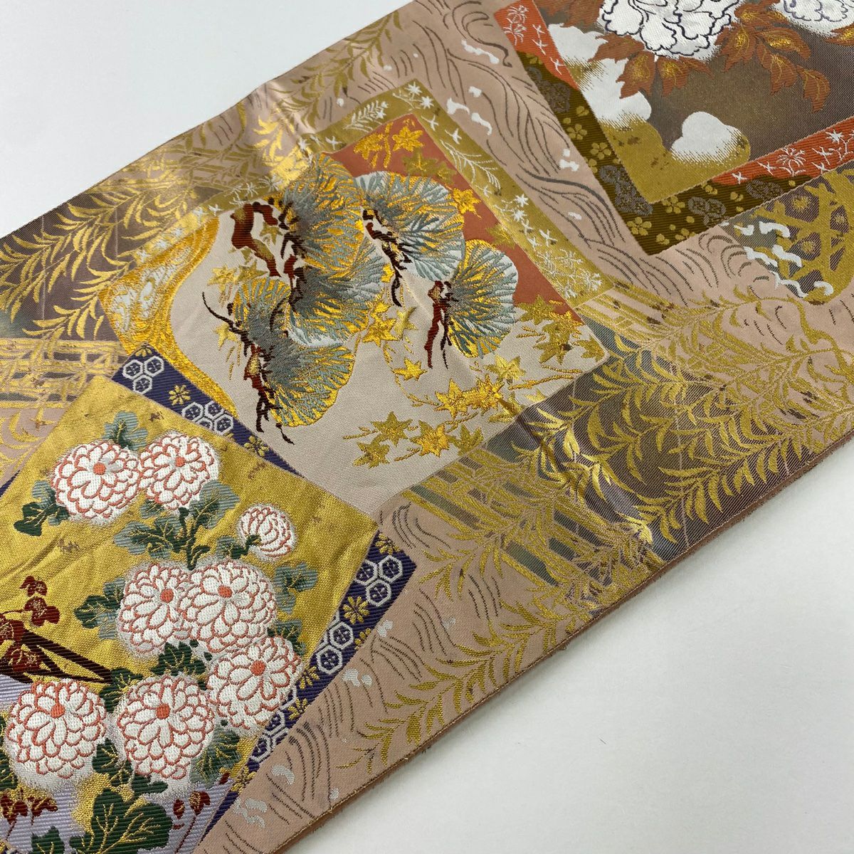 袋帶 秀品級 琳派柳橋色紙散佈 金絲 金金箔 粉紅 六通 純蠶絲