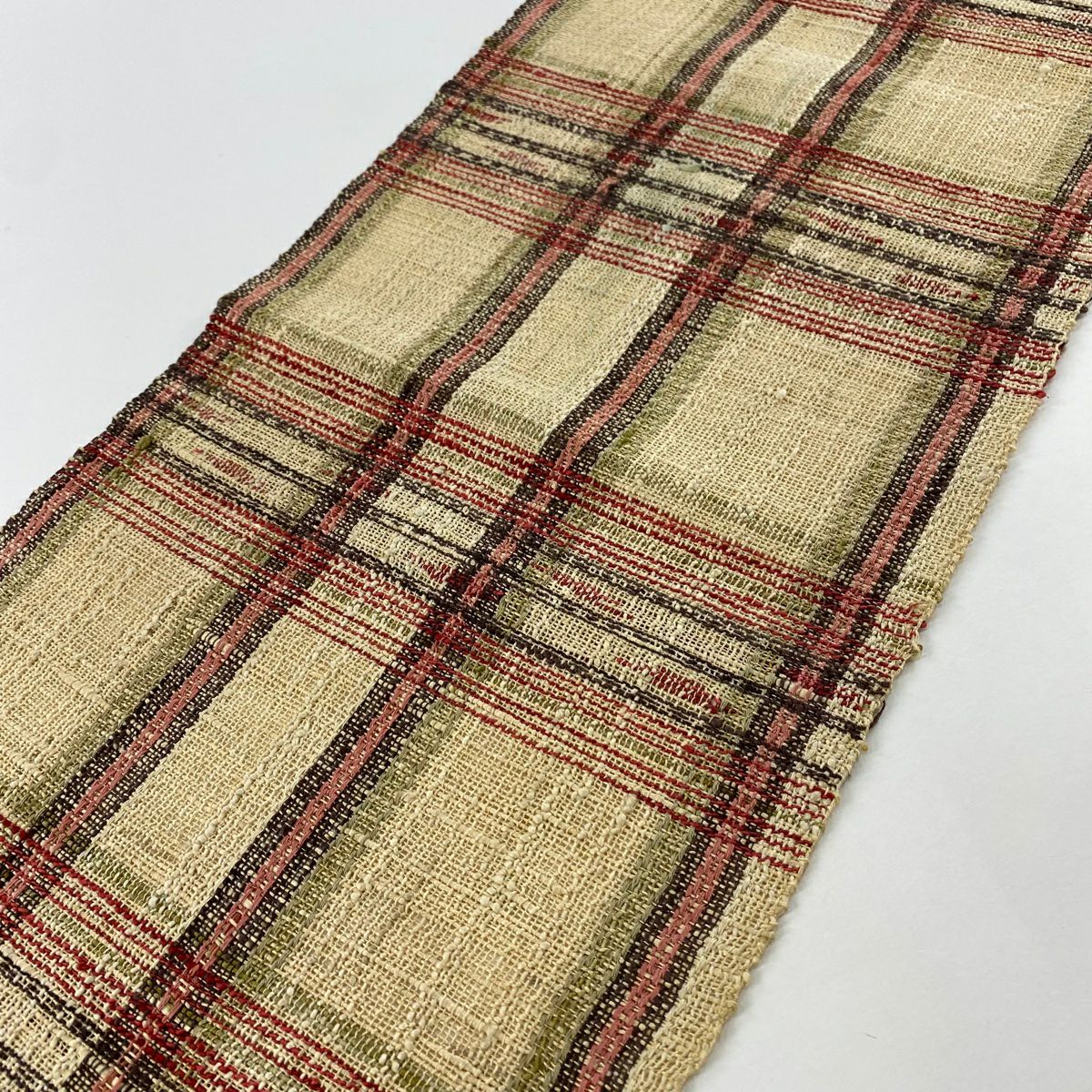 名古屋帶 秀品級 夏帶 八寸名古屋帶 紬織織 松樹葉仕立 雜色 格子 米色 純蠶絲