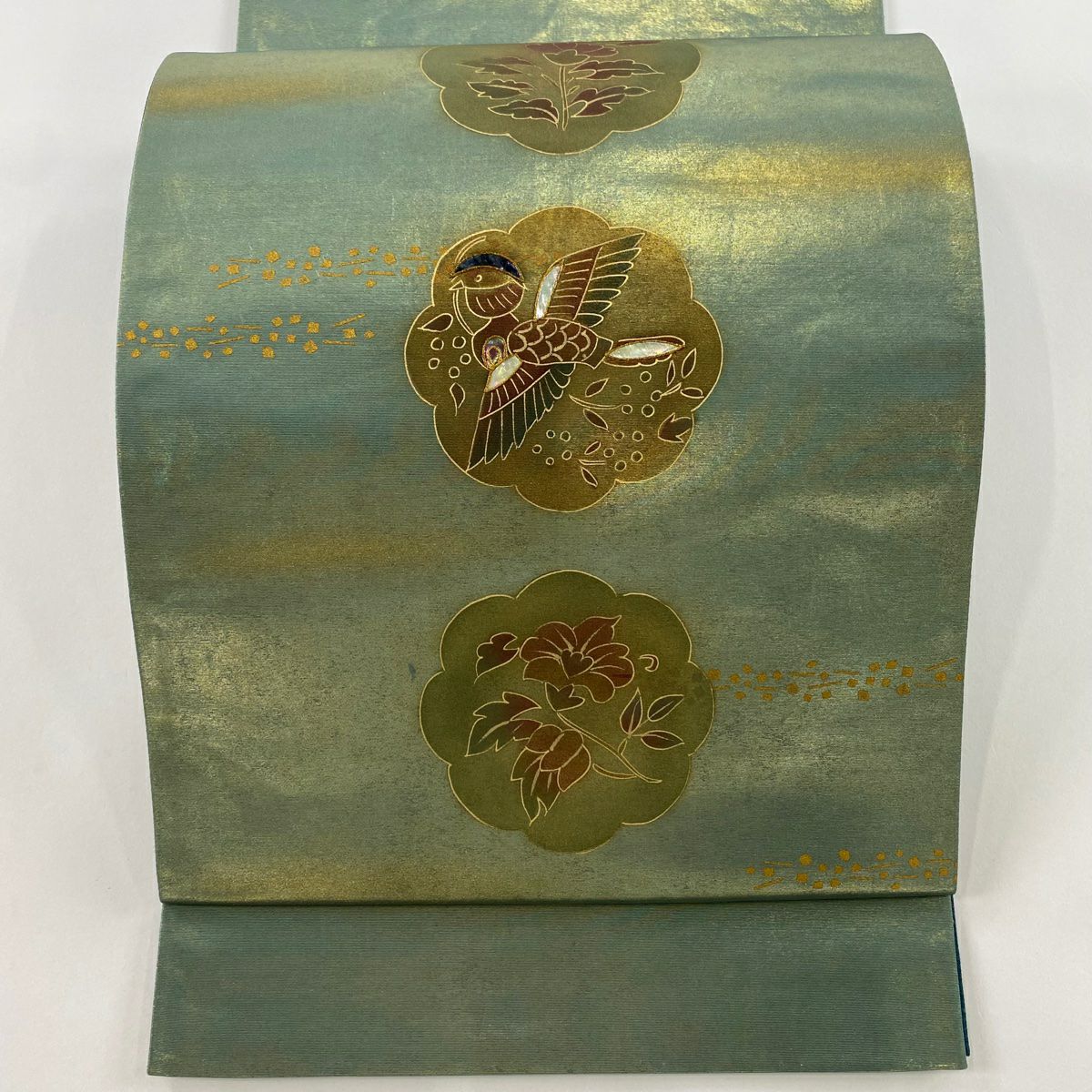 袋帶 秀品級 花喰鳥 草花紋紋 螺鈿 金銀彩 綠 お太鼓柄 純蠶絲