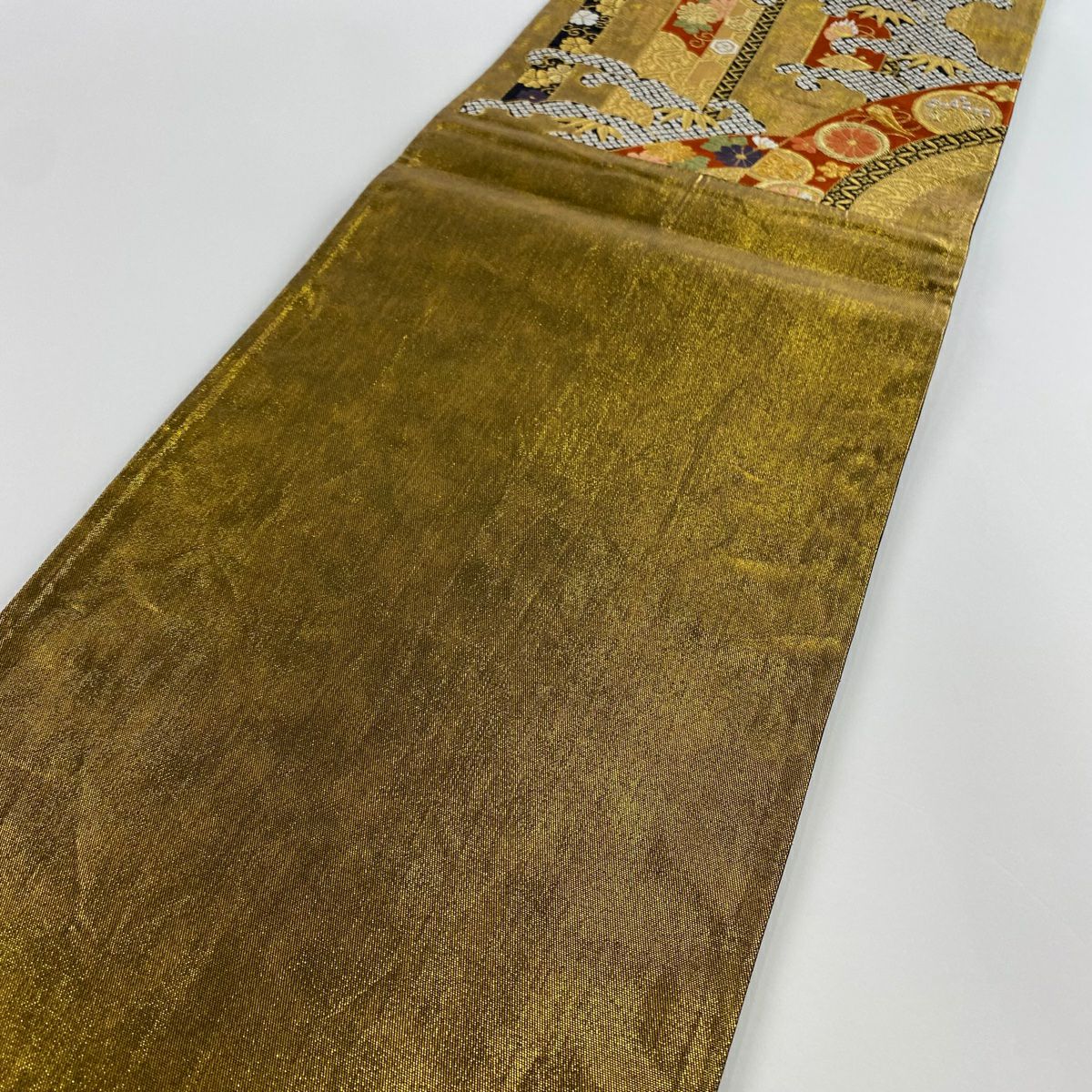 袋帶 美品 秀品級 寶盡くし 瀑布 金絲 金金箔 金色 六通 純蠶絲