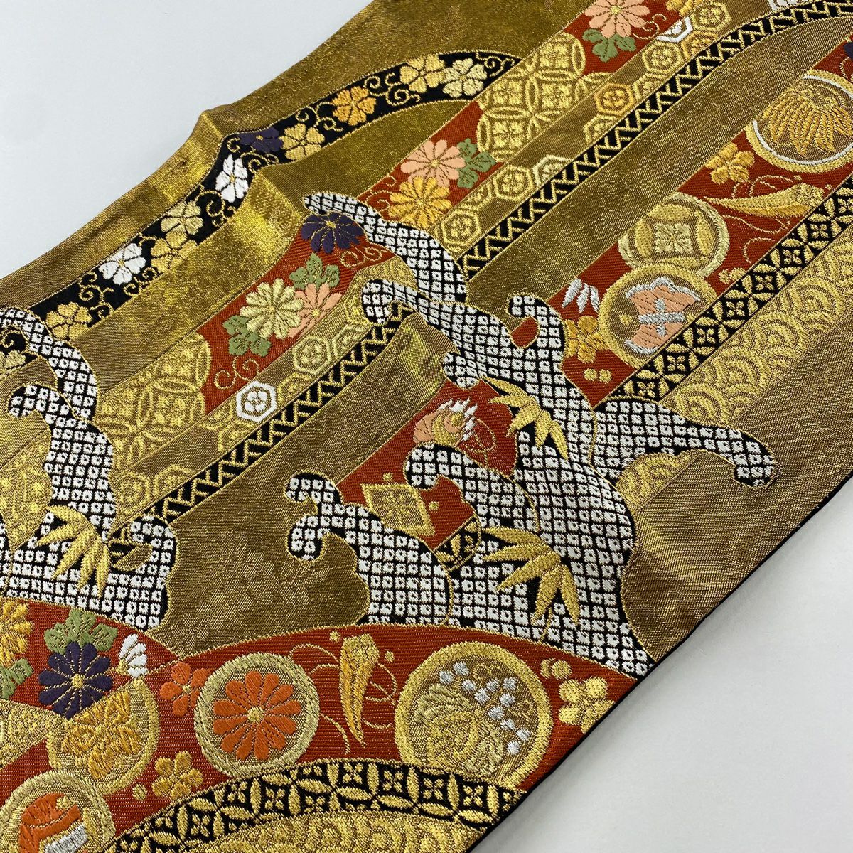 袋帶 美品 秀品級 寶盡くし 瀑布 金絲 金金箔 金色 六通 純蠶絲