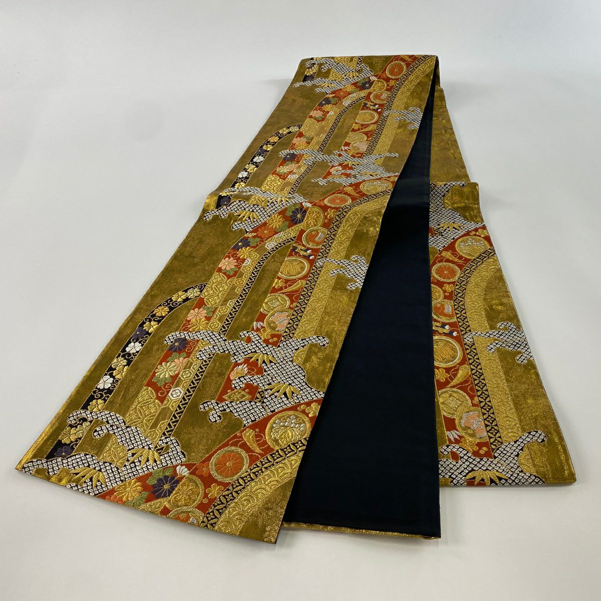 袋帶 美品 秀品級 寶盡くし 瀑布 金絲 金金箔 金色 六通 純蠶絲