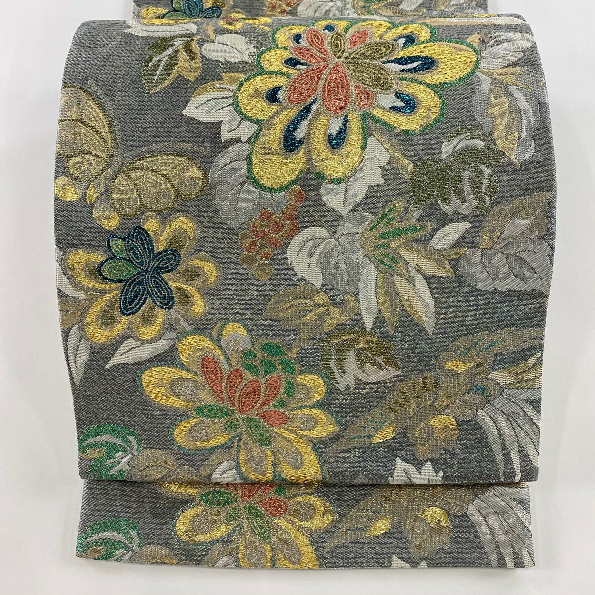 袋帶 美品 秀品級 草花紋紋 鳥 金銀彩 金金箔 灰色 六通 純蠶絲