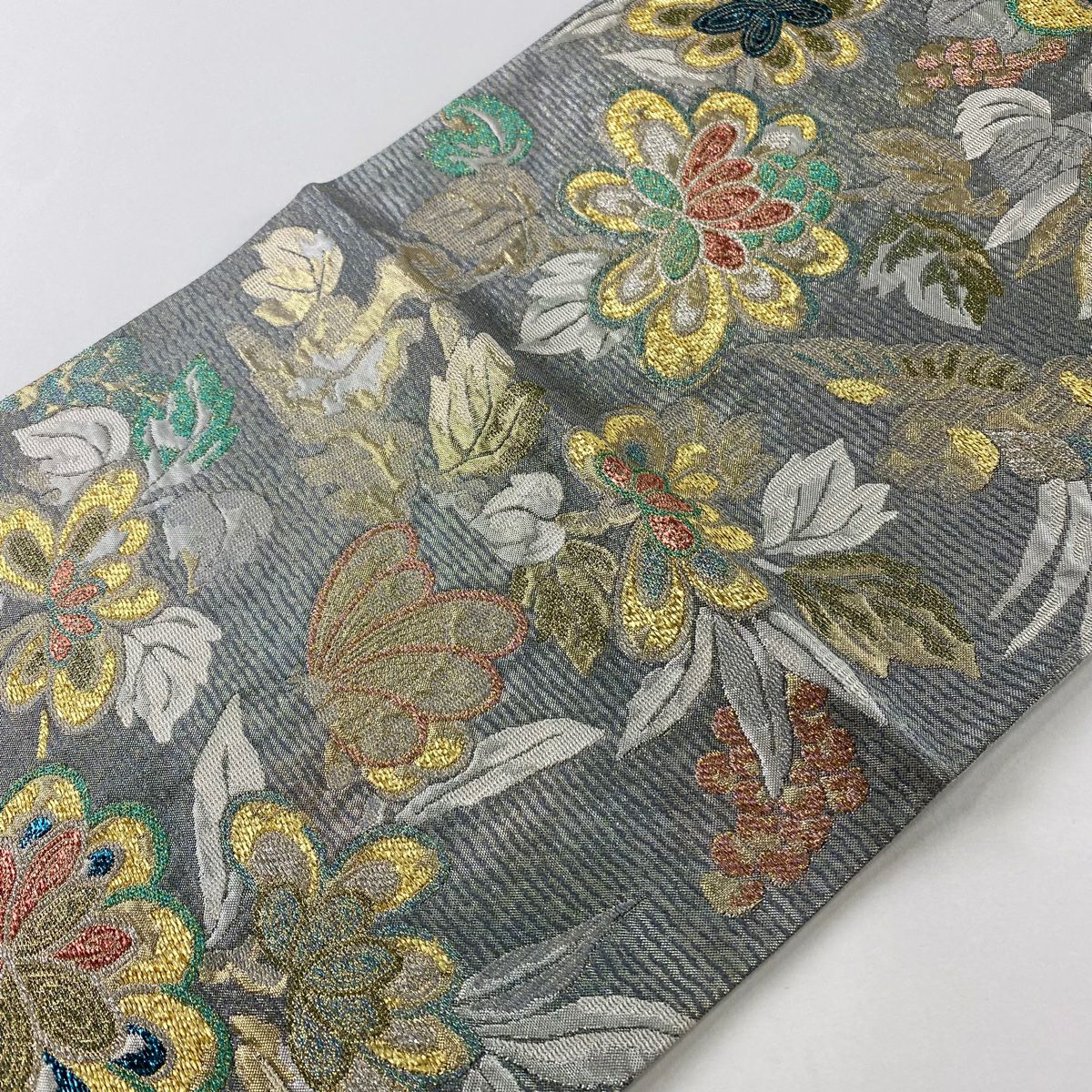 袋帶 美品 秀品級 草花紋紋 鳥 金銀彩 金金箔 灰色 六通 純蠶絲