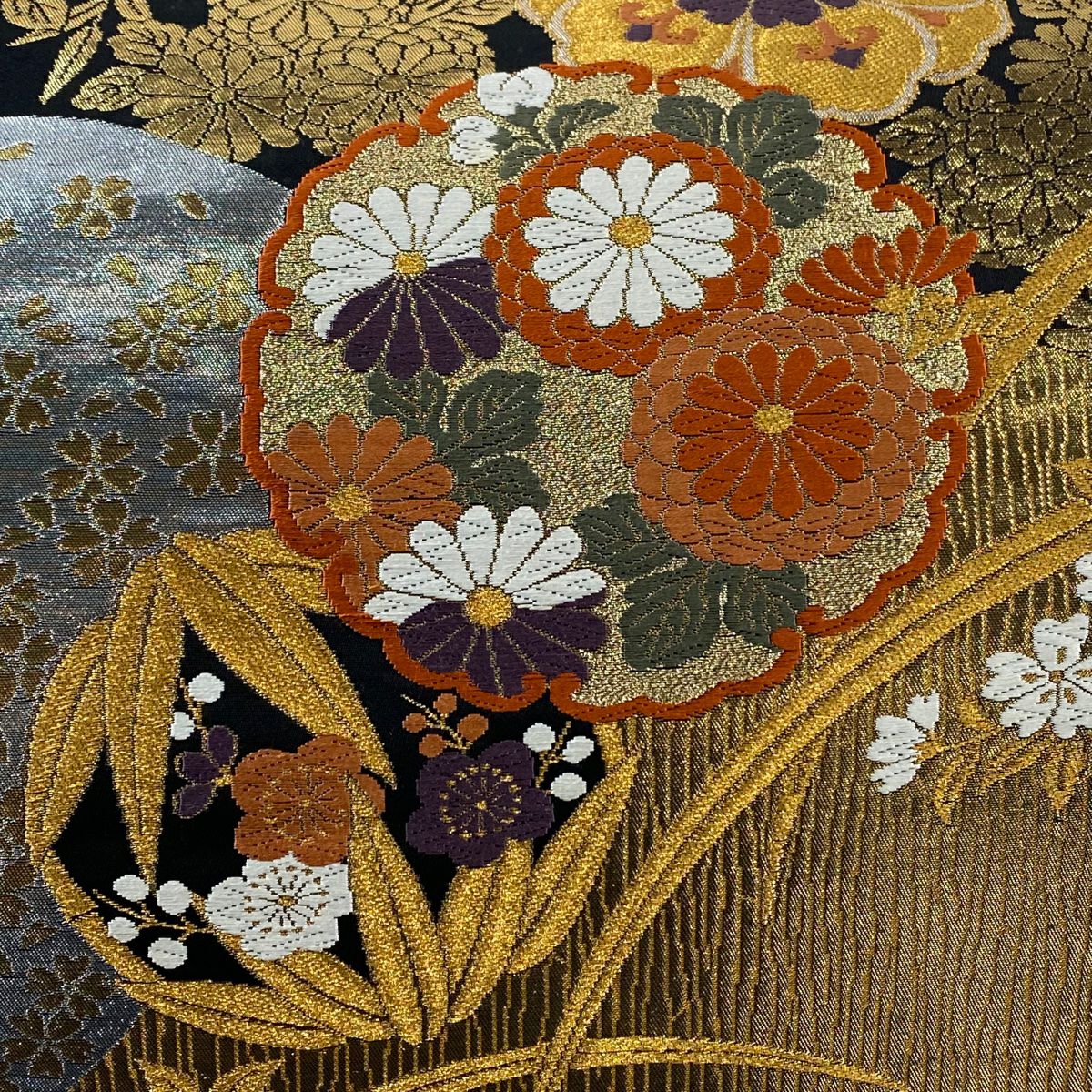 袋帶 秀品級 關西仕立 雪輪 華紋 金絲 金金箔 黑 六通 純蠶絲