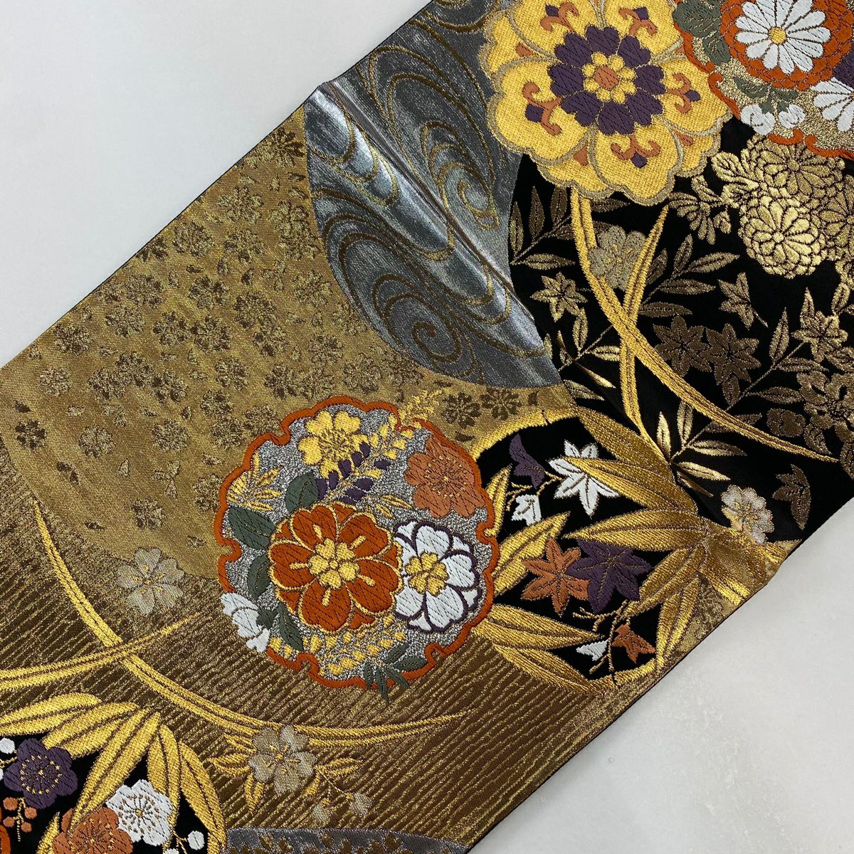 袋帶 秀品級 關西仕立 雪輪 華紋 金絲 金金箔 黑 六通 純蠶絲