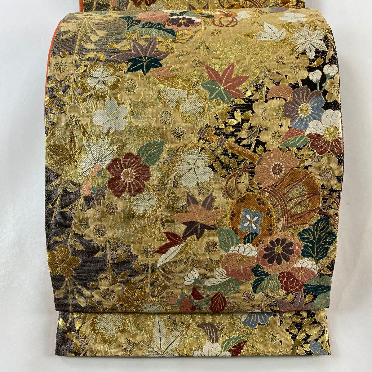 袋帶 美品 秀品級 草花紋紋 鼓 金絲 金金箔 金色 六通 純蠶絲