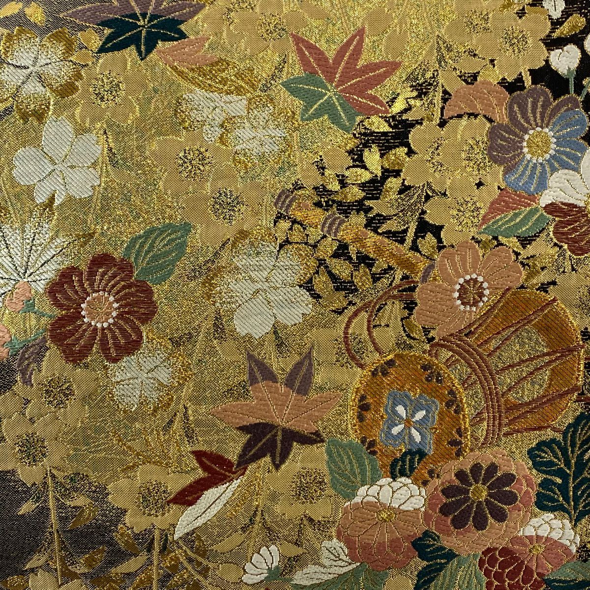 袋帶 美品 秀品級 草花紋紋 鼓 金絲 金金箔 金色 六通 純蠶絲