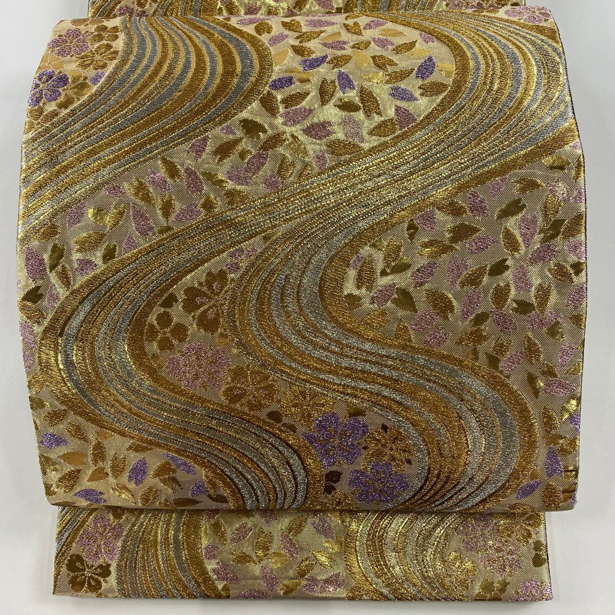 袋帶 秀品級 振袖禮服禮服用 櫻花 流水 金絲 金金箔 金色 六通 純蠶絲