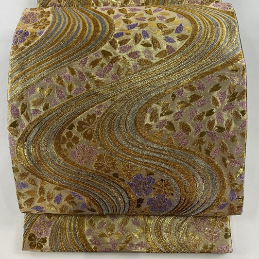 袋帶 秀品級 振袖禮服禮服用 櫻花 流水 金絲 金金箔 金色 六通 純蠶絲