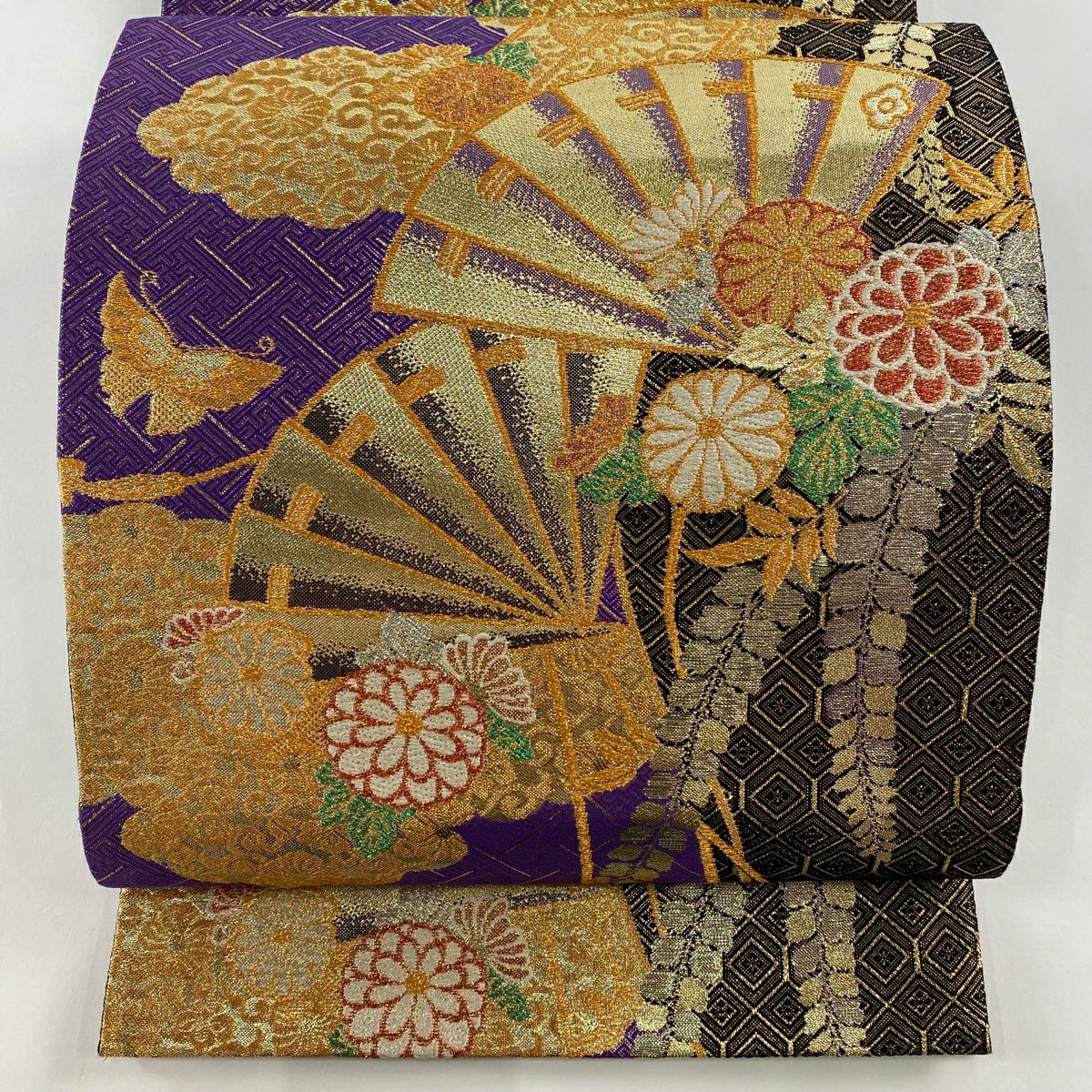 袋帶 美品 秀品級 檜扇子 草花紋 金絲 金金箔 紫 六通 純蠶絲