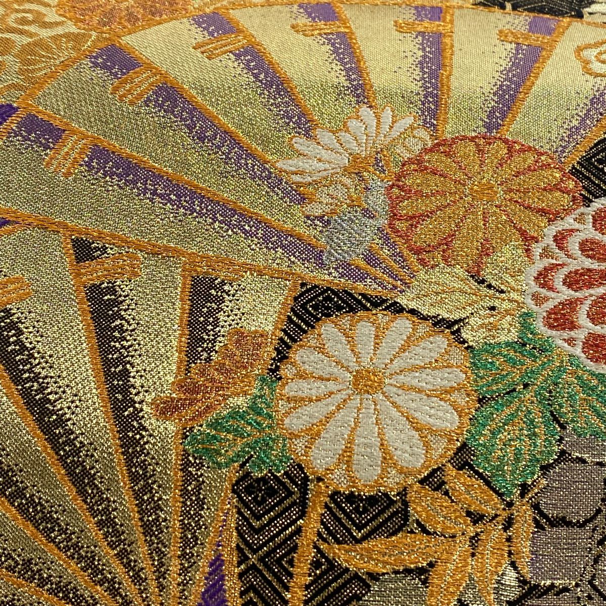 袋帶 美品 秀品級 檜扇子 草花紋 金絲 金金箔 紫 六通 純蠶絲