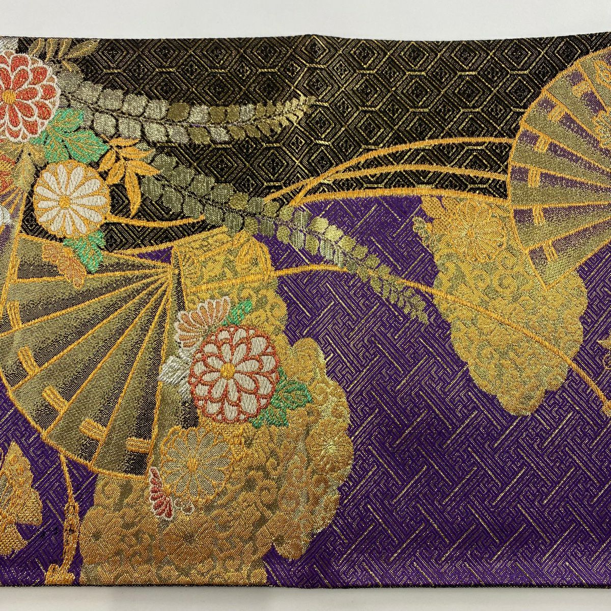 袋帶 美品 秀品級 檜扇子 草花紋 金絲 金金箔 紫 六通 純蠶絲