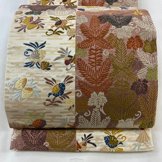 袋帶 秀品級 若松樹 松樹笠 金金箔 刺繡 米色 六通 純蠶絲