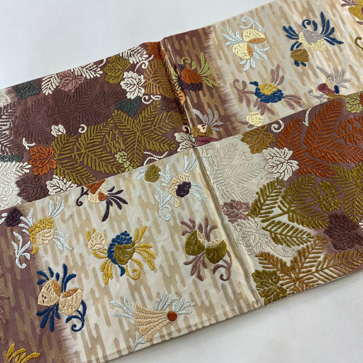 袋帶 秀品級 若松樹 松樹笠 金金箔 刺繡 米色 六通 純蠶絲