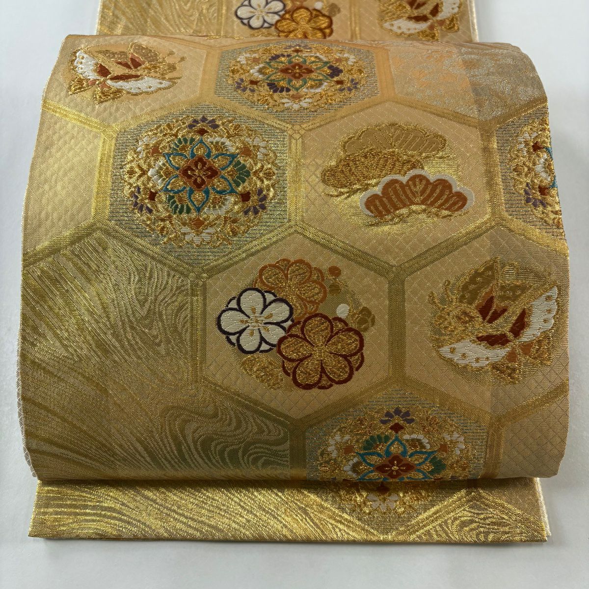 袋帶 美品 秀品級 龜甲 華紋 金絲 金金箔 金 六通 純蠶絲