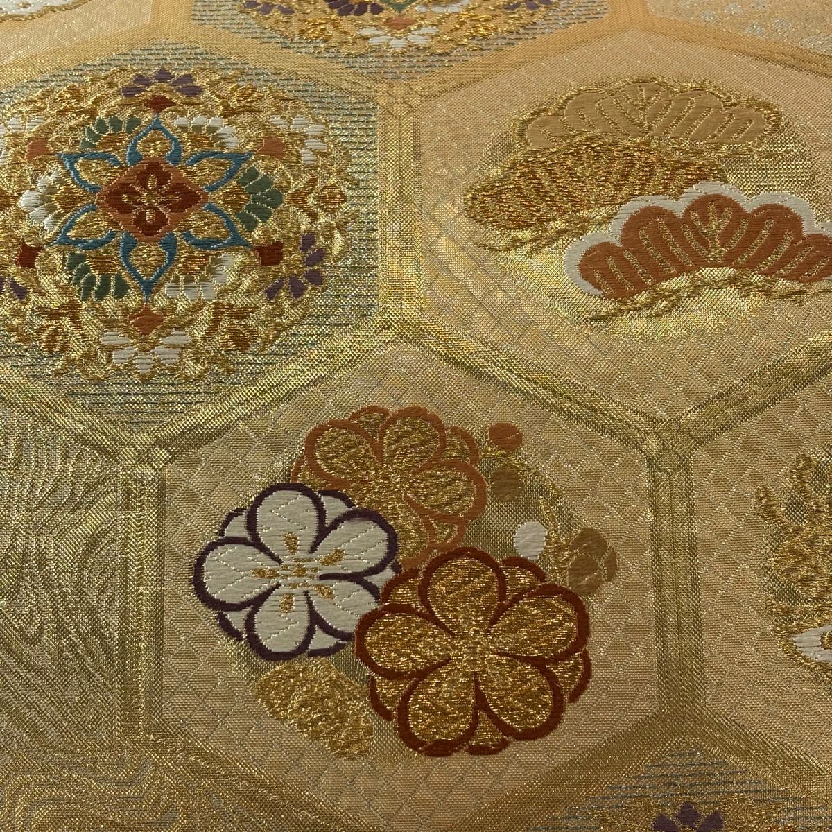 袋帶 美品 秀品級 龜甲 華紋 金絲 金金箔 金 六通 純蠶絲