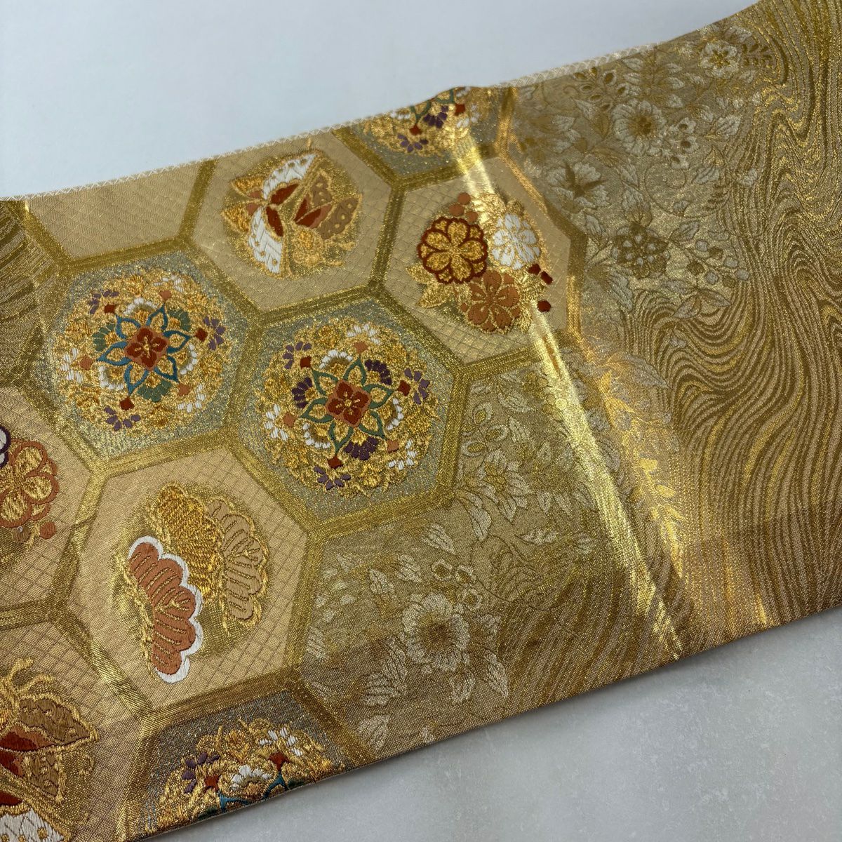 袋帶 美品 秀品級 龜甲 華紋 金絲 金金箔 金 六通 純蠶絲
