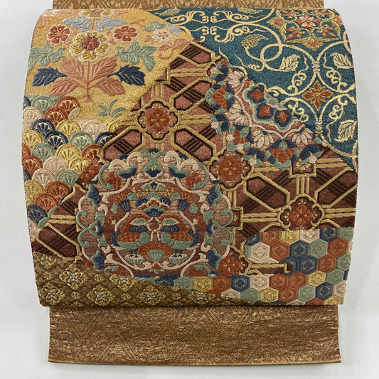 袋帶 秀品級 關西仕立 裂取鴛鴦唐草紋圓文 草花紋刺繡 金絲 小豆色 大鼓圖案 純蠶絲