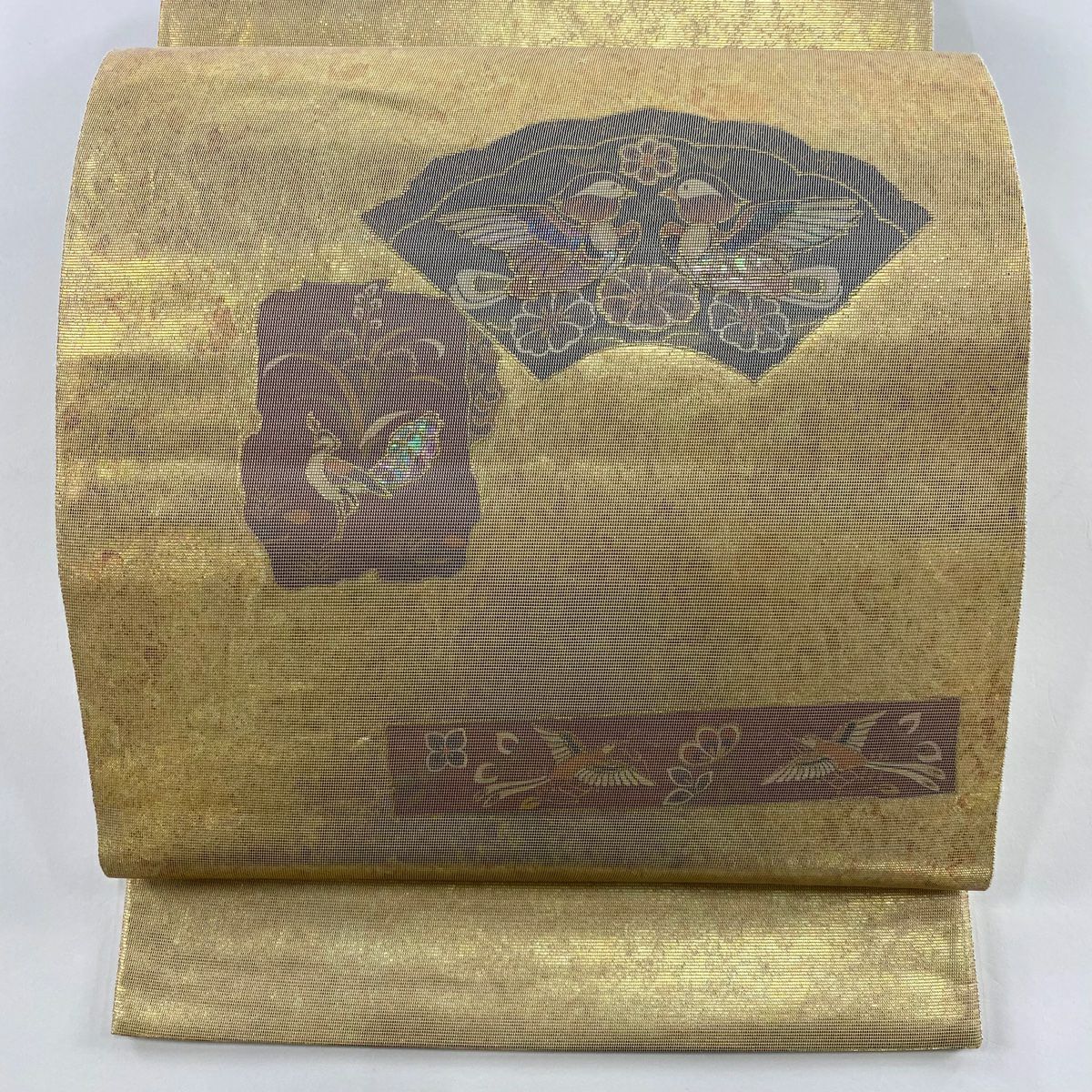 袋帶 秀品級 扇子面 鳥 螺鈿金金箔 金銀彩 純蠶絲