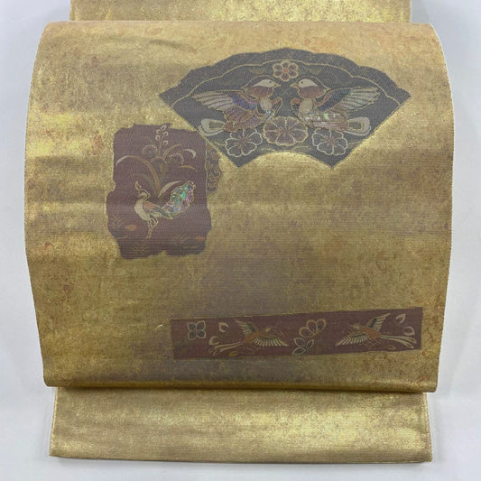 袋帶 秀品級 扇子面 鳥 螺鈿金金箔 金銀彩 純蠶絲