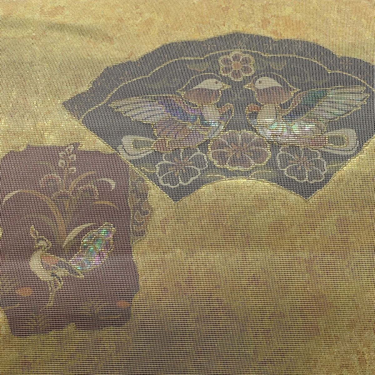袋帶 秀品級 扇子面 鳥 螺鈿金金箔 金銀彩 純蠶絲