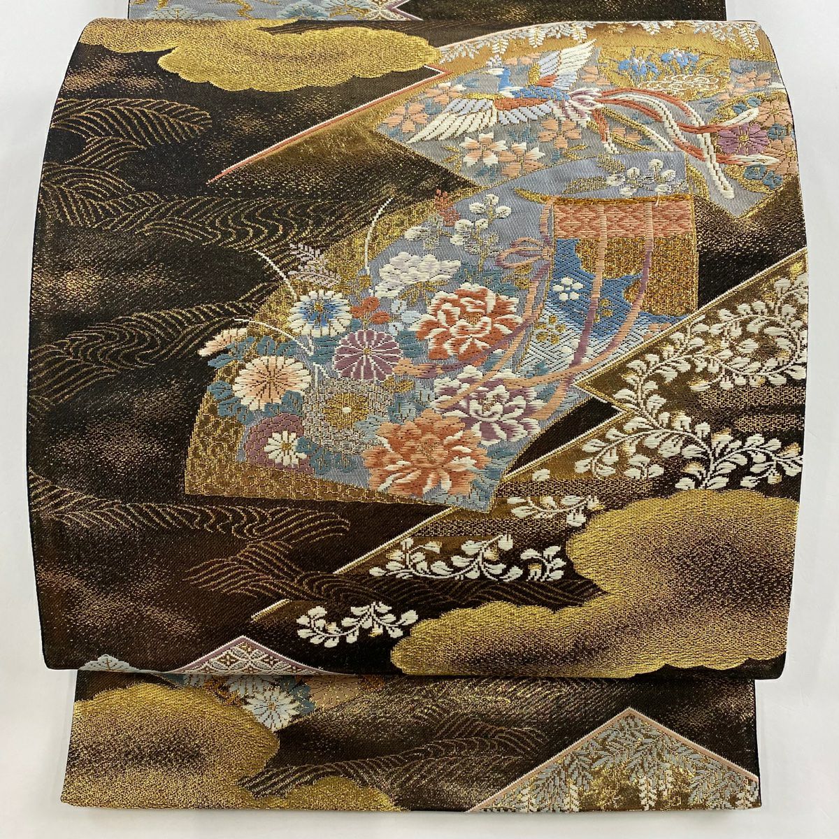 袋帶 美品 秀品級 扇子面 花鳥 金絲 金金箔 金茶 六通 純蠶絲