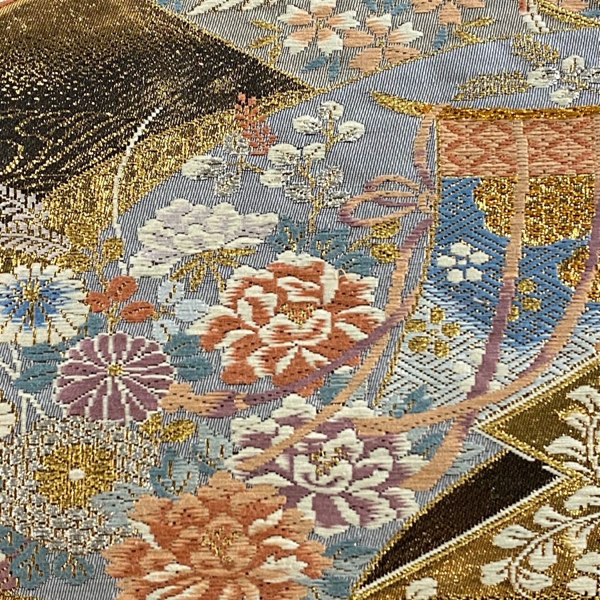 袋帶 美品 秀品級 扇子面 花鳥 金絲 金金箔 金茶 六通 純蠶絲