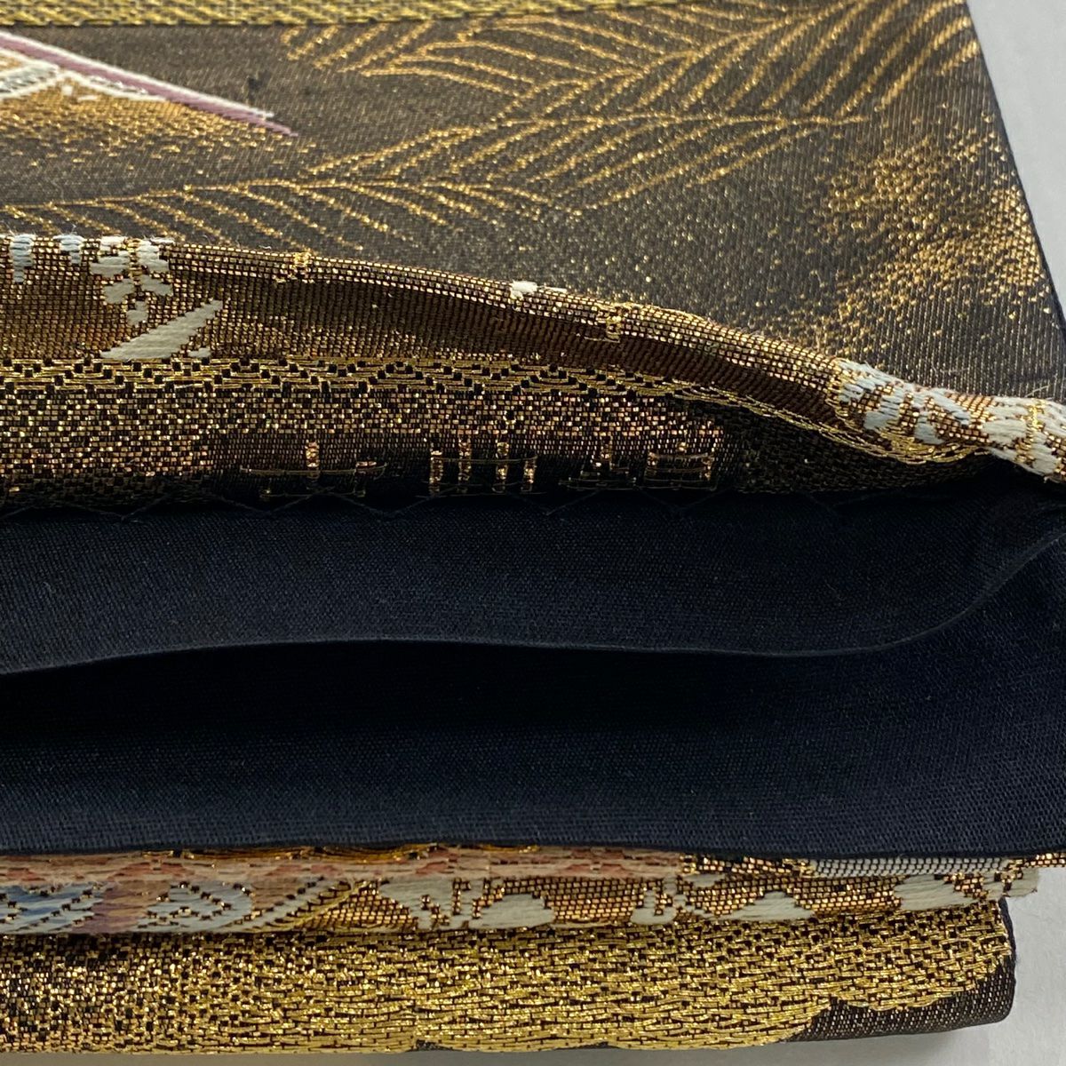 袋帶 美品 秀品級 扇子面 花鳥 金絲 金金箔 金茶 六通 純蠶絲