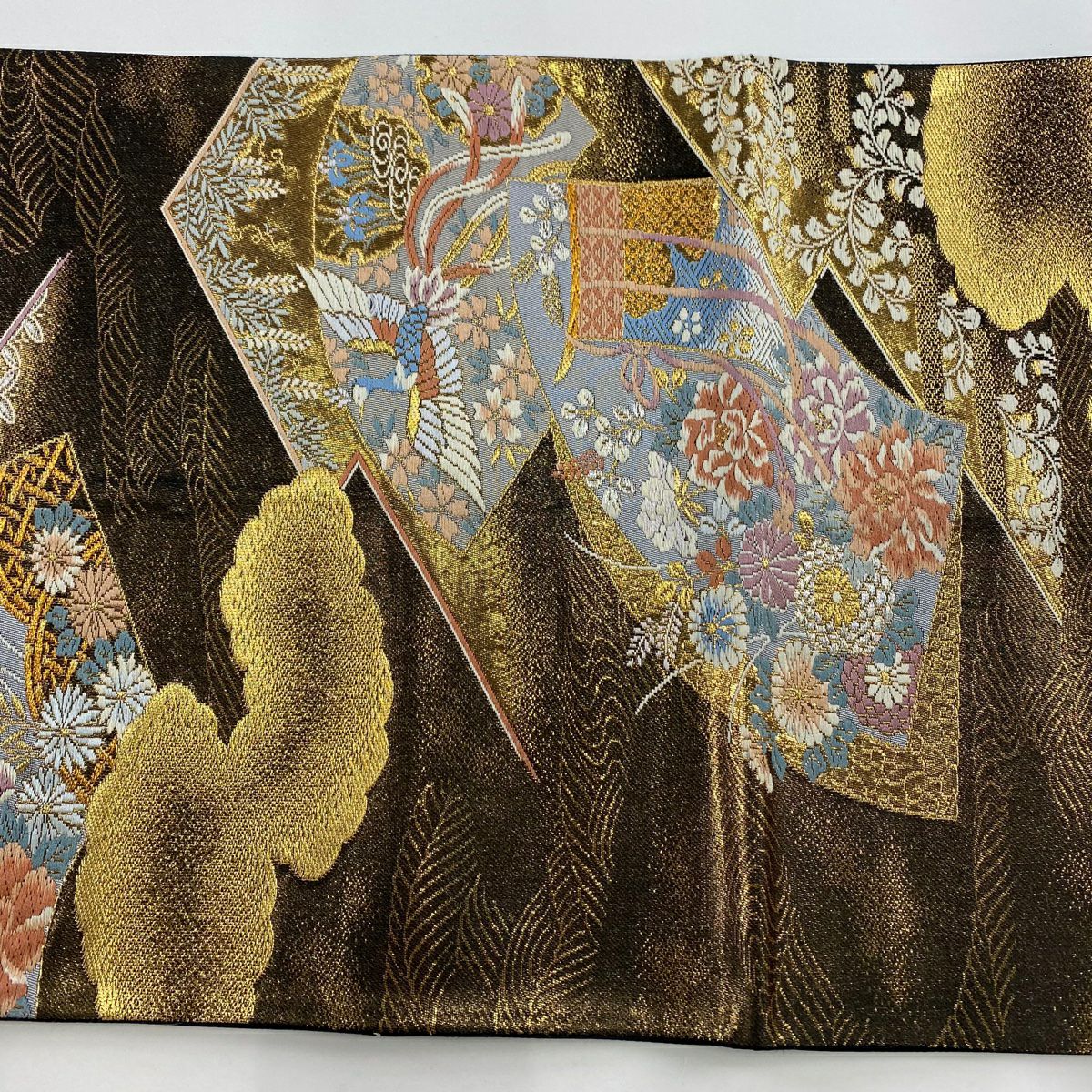 袋帶 美品 秀品級 扇子面 花鳥 金絲 金金箔 金茶 六通 純蠶絲