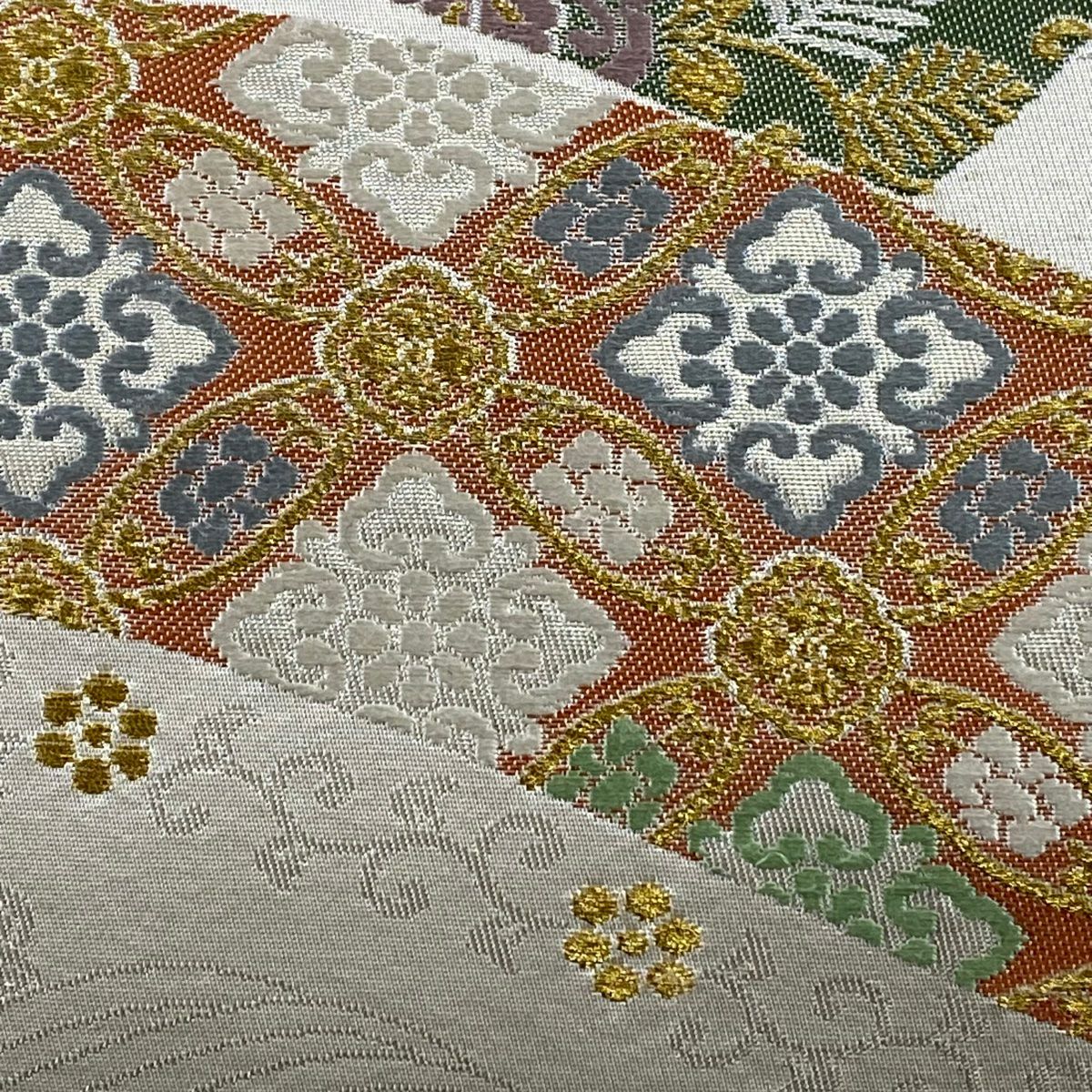 袋帶 秀品級 七寶 草唐草紋 金絲 金金箔 奶油 六通 純蠶絲