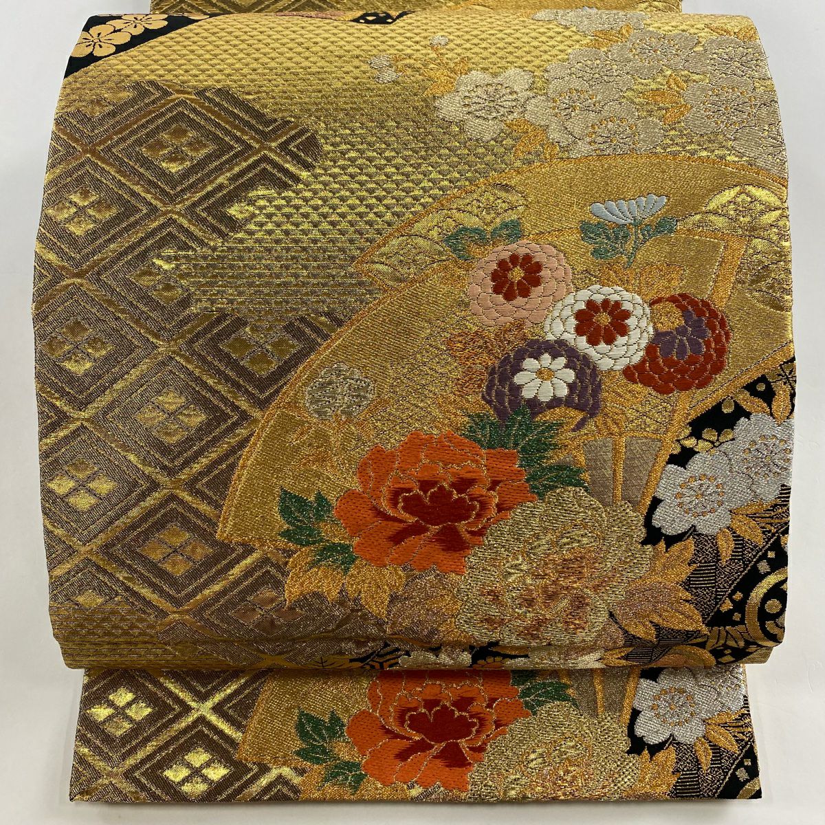 袋帶 秀品級 振袖禮服禮服用 花扇子 熨斗紋 金銀線 金金箔 金色 全通 純蠶絲