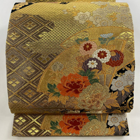 袋帶 秀品級 振袖禮服禮服用 花扇子 熨斗紋 金銀線 金金箔 金色 全通 純蠶絲