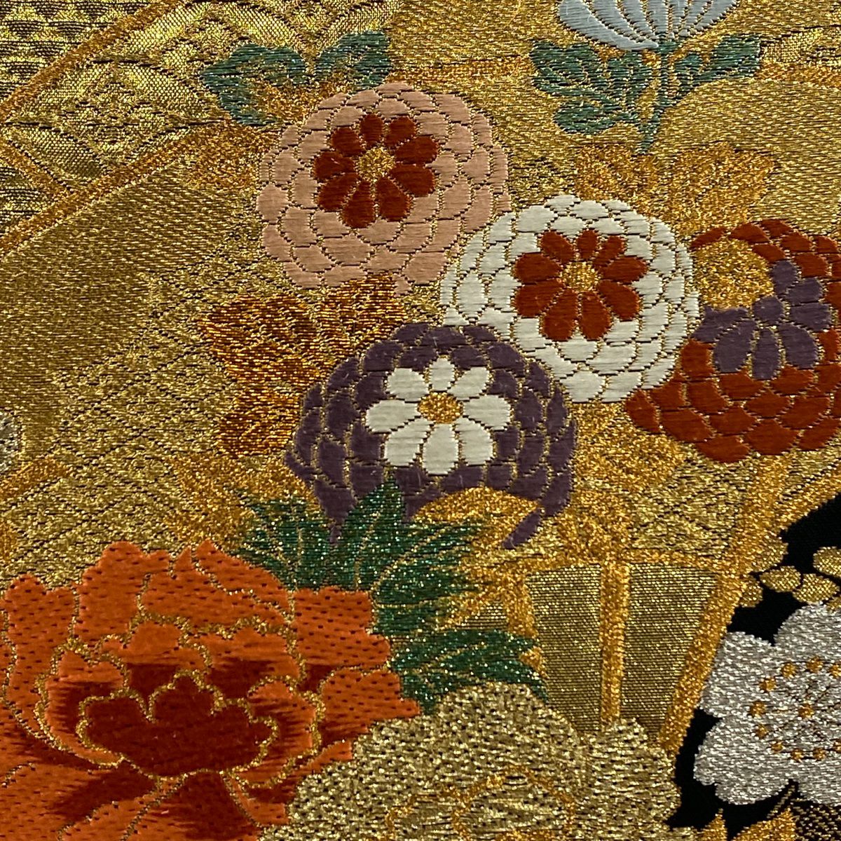 袋帶 秀品級 振袖禮服禮服用 花扇子 熨斗紋 金銀線 金金箔 金色 全通 純蠶絲