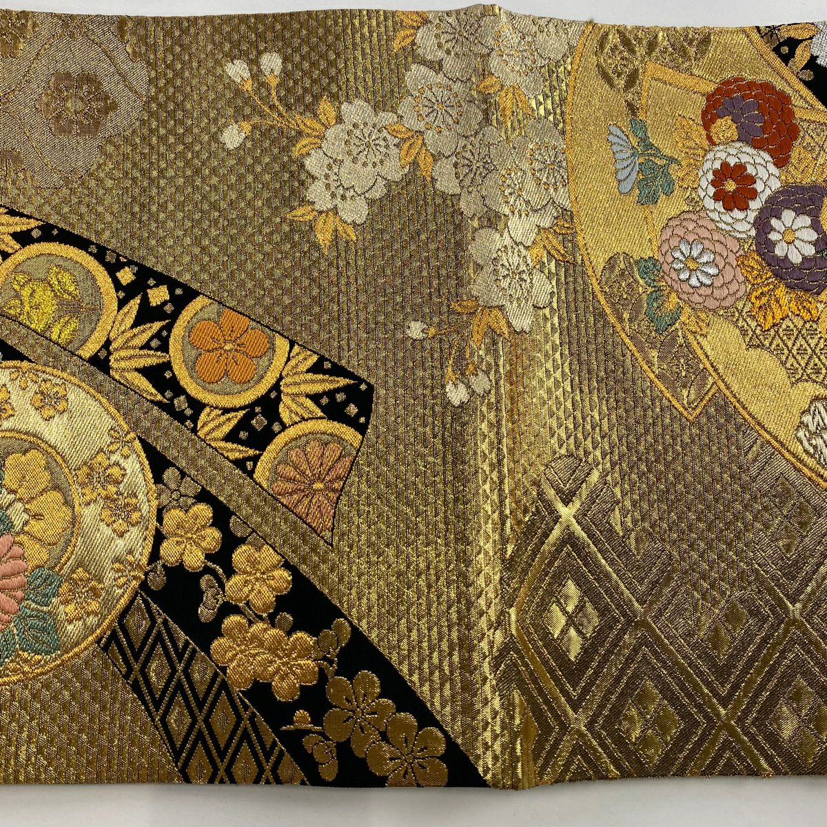 袋帶 秀品級 振袖禮服禮服用 花扇子 熨斗紋 金銀線 金金箔 金色 全通 純蠶絲