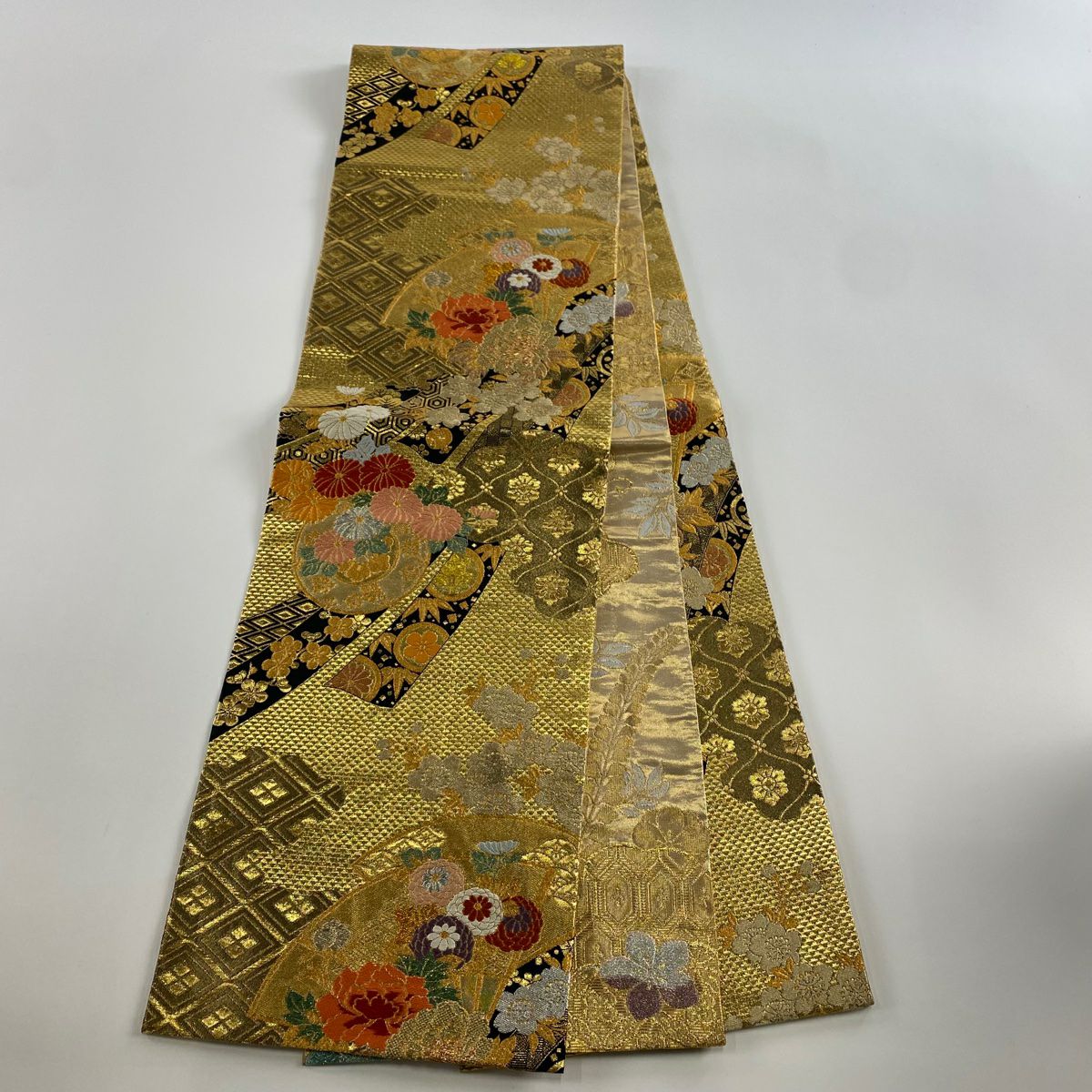 袋帶 秀品級 振袖禮服禮服用 花扇子 熨斗紋 金銀線 金金箔 金色 全通 純蠶絲