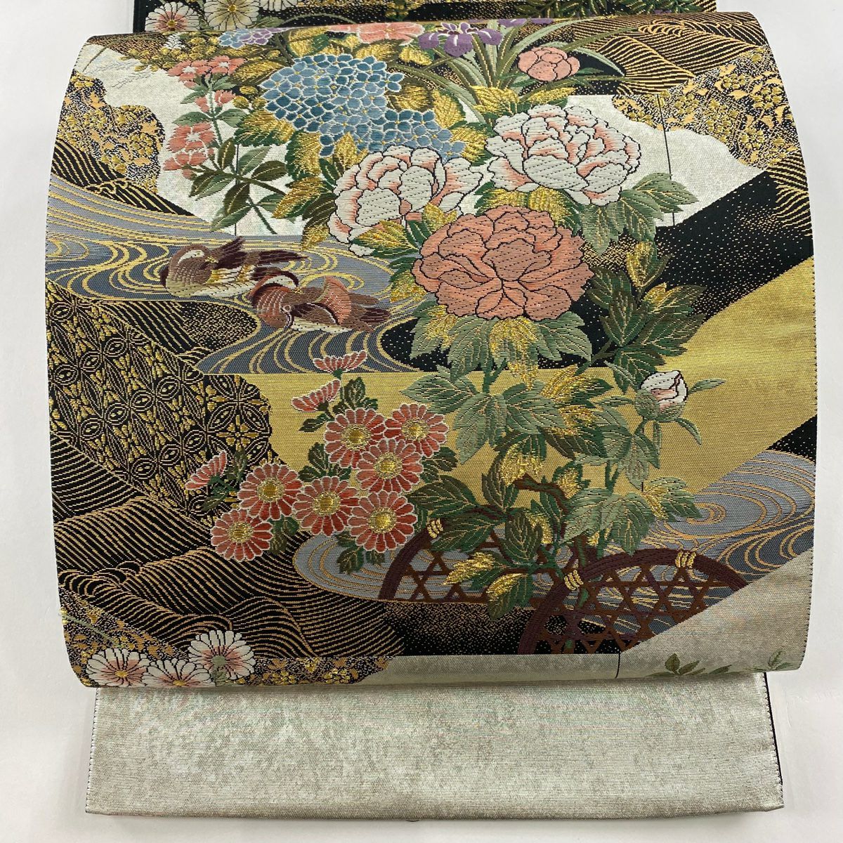 袋帶 美品 秀品級 證書齊全 草花紋紋 波紋 金絲 金金箔 銀色 六通 純蠶絲