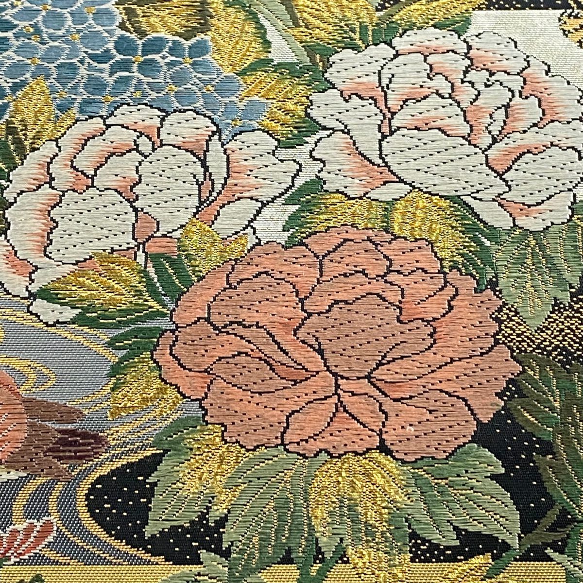 袋帶 美品 秀品級 證書齊全 草花紋紋 波紋 金絲 金金箔 銀色 六通 純蠶絲