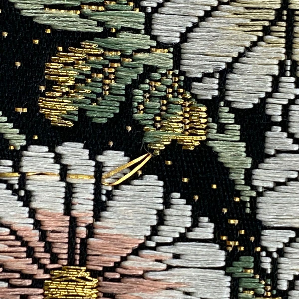 袋帶 美品 秀品級 證書齊全 草花紋紋 波紋 金絲 金金箔 銀色 六通 純蠶絲