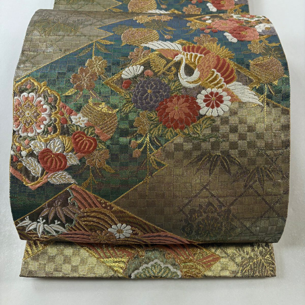 袋帶 秀品級 附落款 廣悦 仙鶴 草花紋 金銀絲 金金箔 金色 六通 純蠶絲