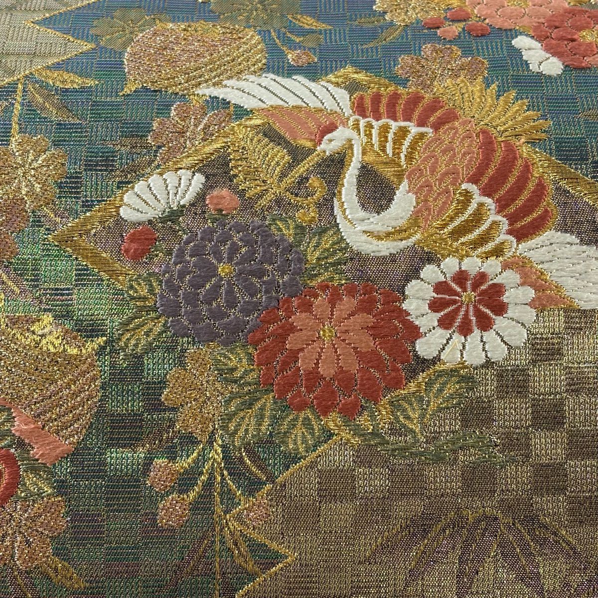 袋帶 秀品級 附落款 廣悦 仙鶴 草花紋 金銀絲 金金箔 金色 六通 純蠶絲
