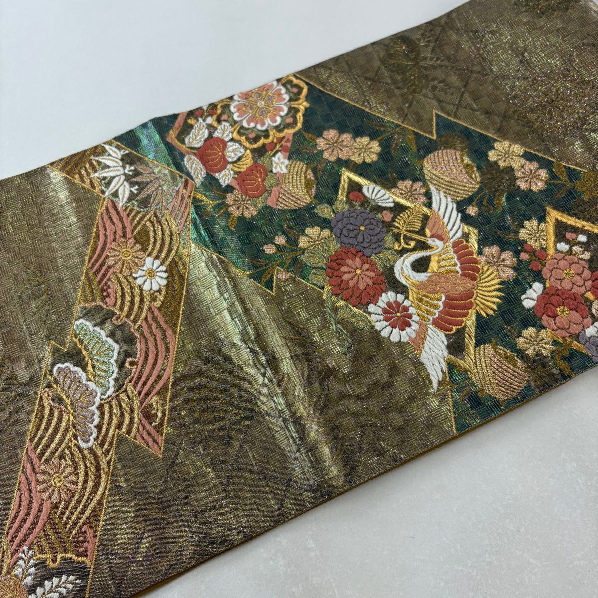 袋帶 秀品級 附落款 廣悦 仙鶴 草花紋 金銀絲 金金箔 金色 六通 純蠶絲