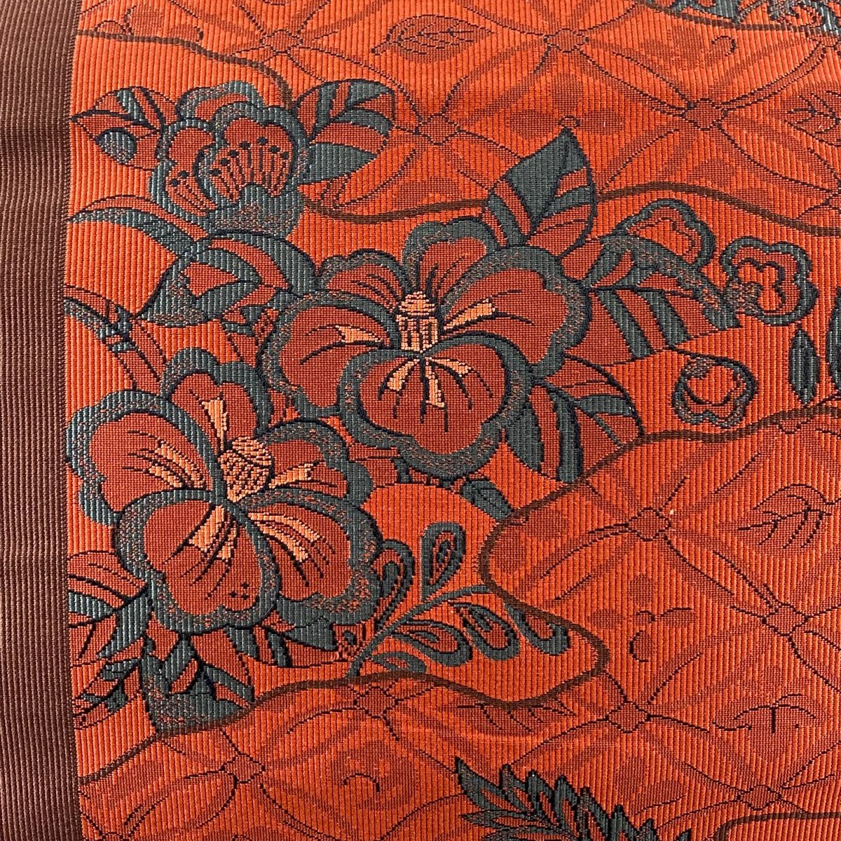名古屋帶 優品級 八寸名古屋帶 松樹葉仕立 草花紋 紅茶 純蠶絲