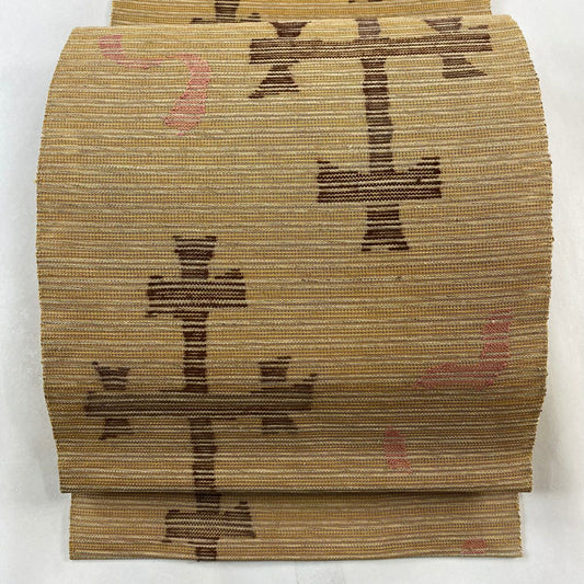 名古屋帶 美品 優品級 夏帶 八寸名古屋帶 松樹葉仕立 幾何學圖案 薄黃土 純蠶絲