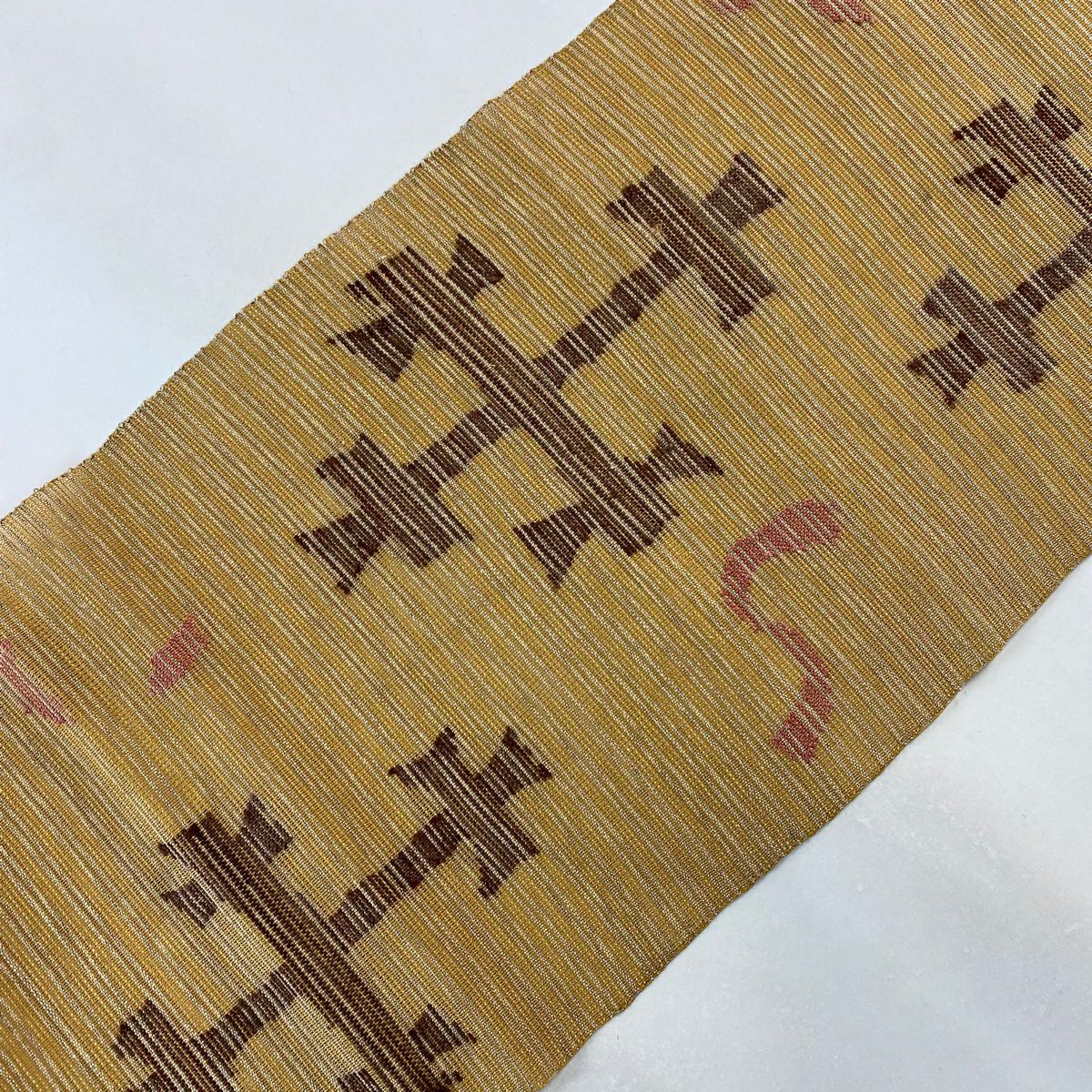 名古屋帶 美品 優品級 夏帶 八寸名古屋帶 松樹葉仕立 幾何學圖案 薄黃土 純蠶絲