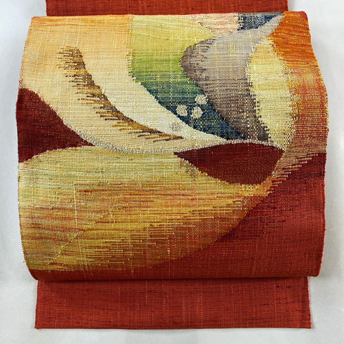 名古屋帶 美品 優品級 八寸名古屋帶 紬織織 松樹葉仕立 幾何學圖案 朱 純蠶絲