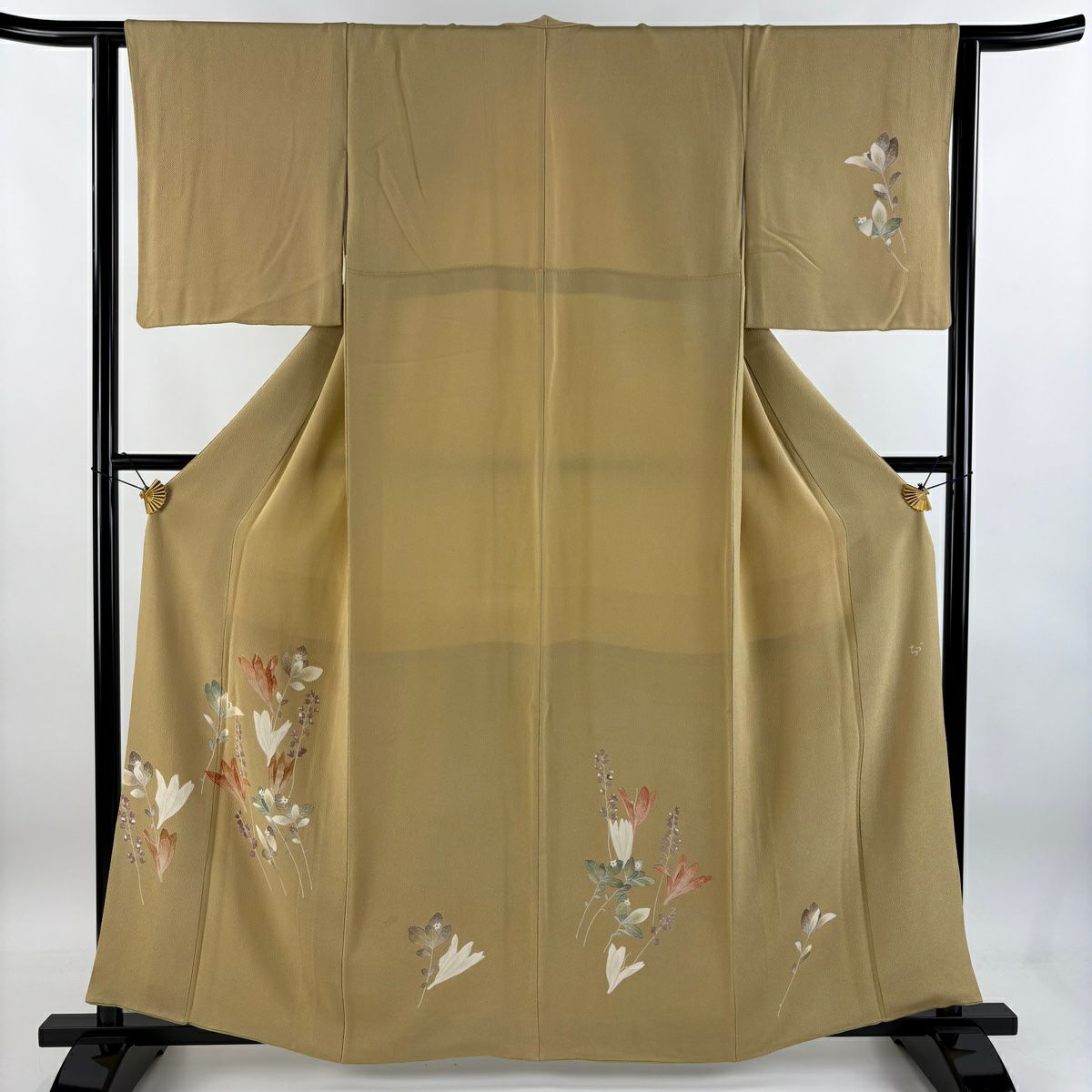 付下 身長162cm 袖長62cm S 雙層 落款 草花紋紋 絞織 淡黃土色 純蠶絲 優品級