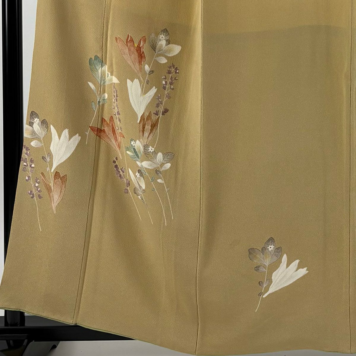 付下 身長162cm 袖長62cm S 雙層 落款 草花紋紋 絞織 淡黃土色 純蠶絲 優品級