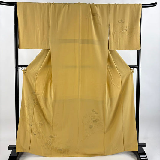 訪問服 身長167.5cm 袖長67.5cm L 雙層 檜扇子 松樹竹子梅花 刺繡 金糸 淡黃土色 純蠶絲 秀品級